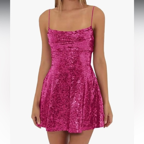Hot Pink Sequin Cowl Neck Lace Up Back Mini Dress - Picture 1 of 10